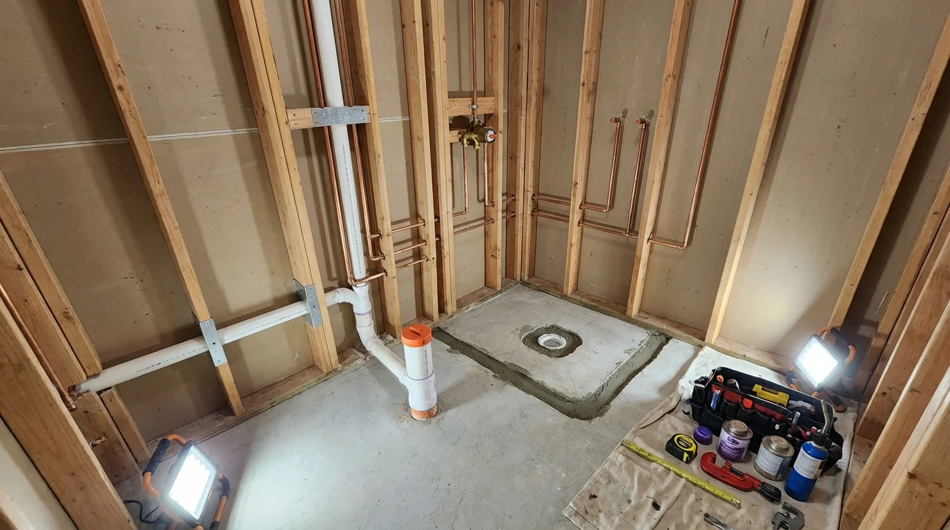 Bathroom rough-in plumbing during remodel by Johns Plumbing LLC in Santa Ynez