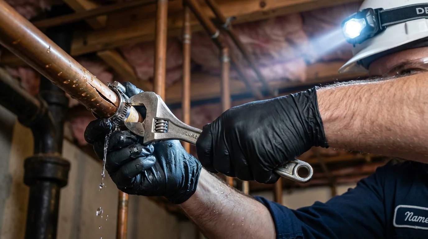 Emergency pipe clamp repair being performed by a Johns Plumbing LLC plumber in Santa Ynez