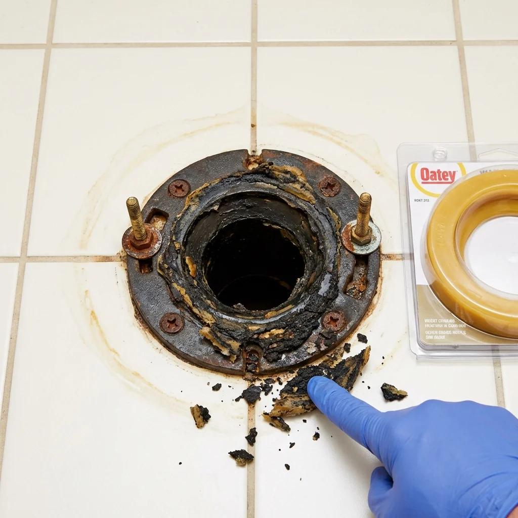 Failed wax ring showing water seepage at the base of a toilet in a Santa Ynez, CA home